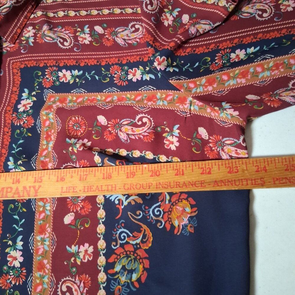 Dressbarn Blouse XL Maroon Blue Paisley Floral Tapestry Semi Sheer Long Sleeve - Picture 5 of 16
